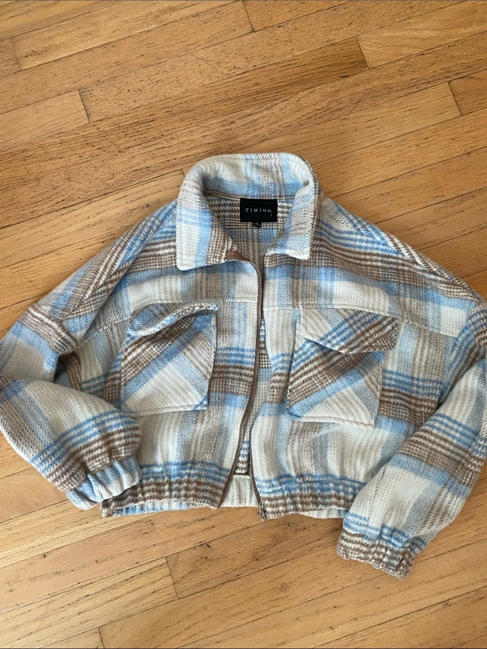 TIMING Plaid Cropped Zip Jacket - Blue & Brown & Cream - Picture 1 of 1